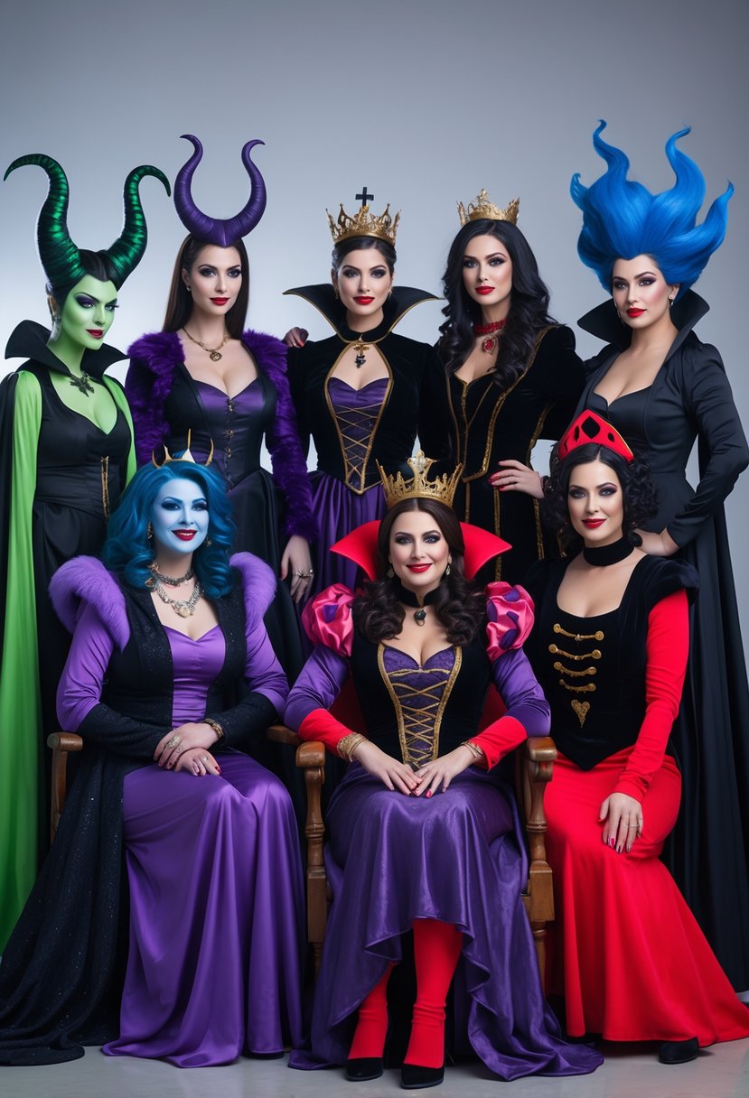 Ten women wearing different Disney villain costumes posing together in a studio setting.