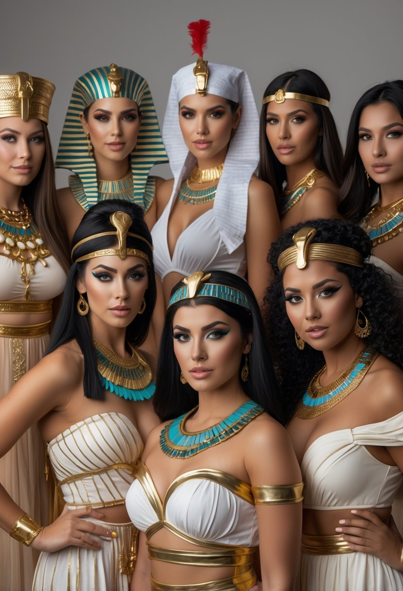 Ten women wearing different Cleopatra costumes posing together against a plain background.