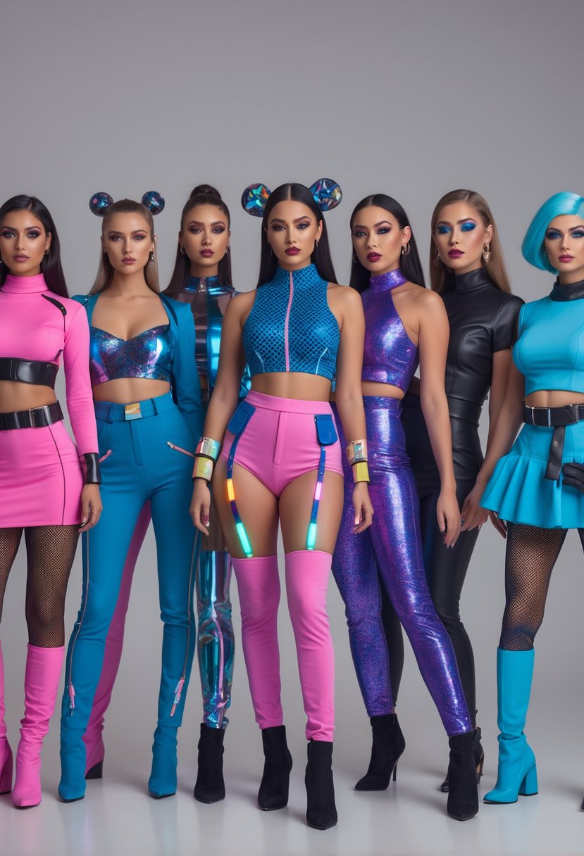 Ten women wearing diverse and colorful 2025 pop culture Halloween costumes posing together in a studio.