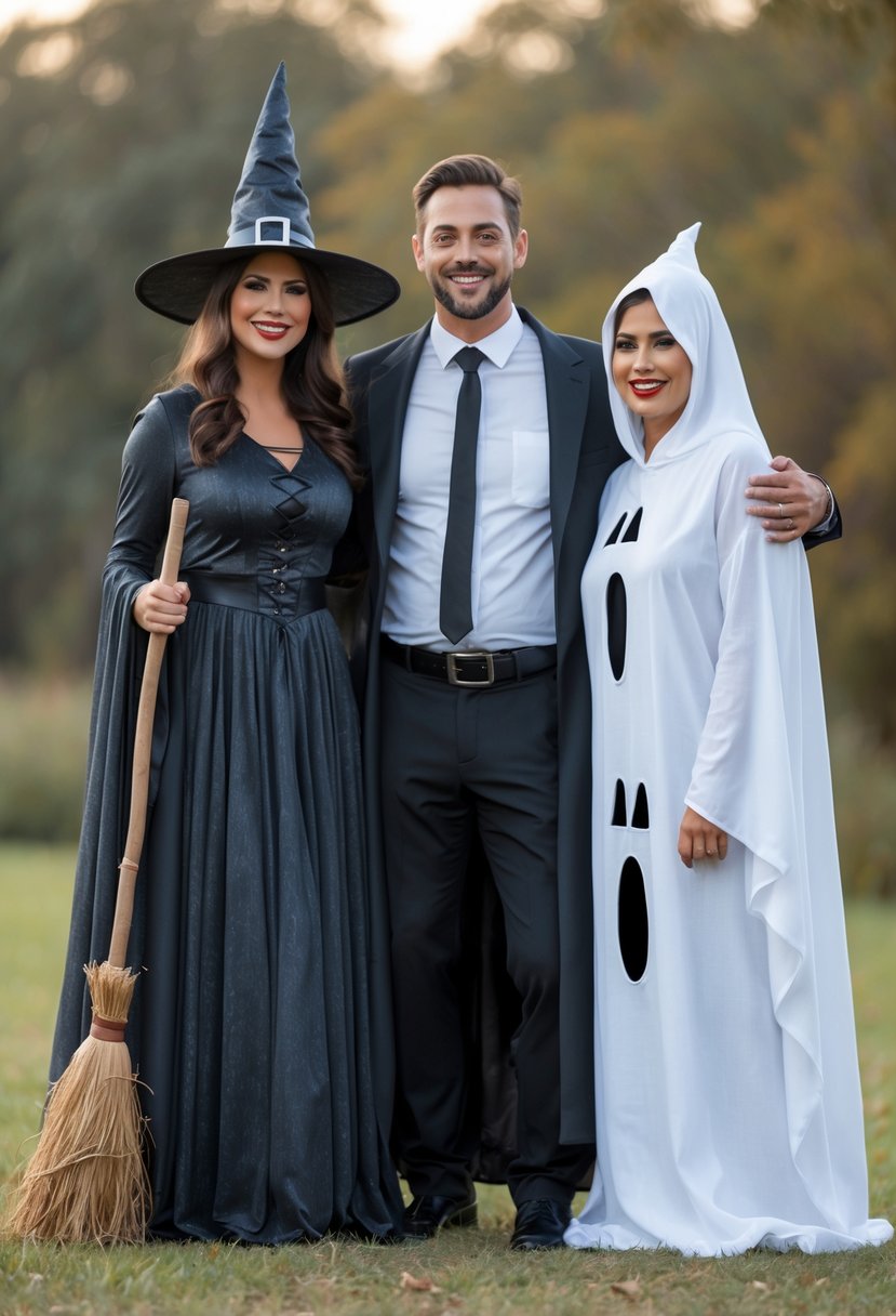 Three adults outdoors dressed in Halloween costumes as a witch, a vampire, and a ghost, smiling and posing together.