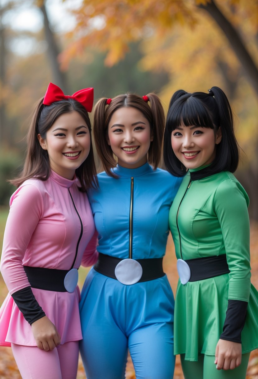 Three people dressed as the Powerpuff Girls in colorful costumes posing together outdoors with autumn leaves.