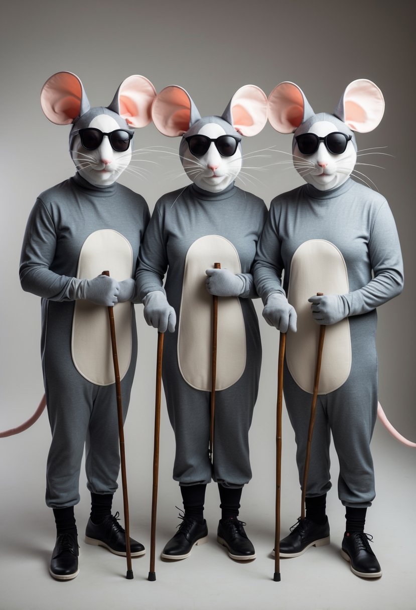 Three adults dressed as mice wearing sunglasses and holding canes, standing together in Halloween costumes.