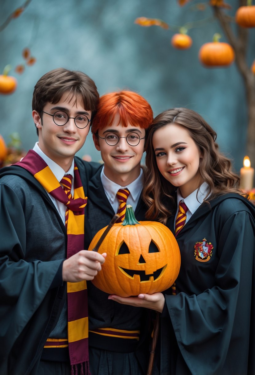 Three people dressed as Harry Potter, Ron, and Hermione in Halloween costumes standing together with warm expressions and autumn decorations in the background.