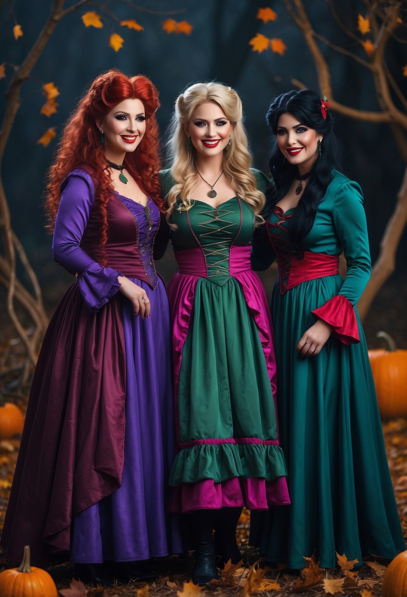 Three women dressed as the Sanderson Sisters from Hocus Pocus standing together outdoors with autumn leaves and pumpkins around them.
