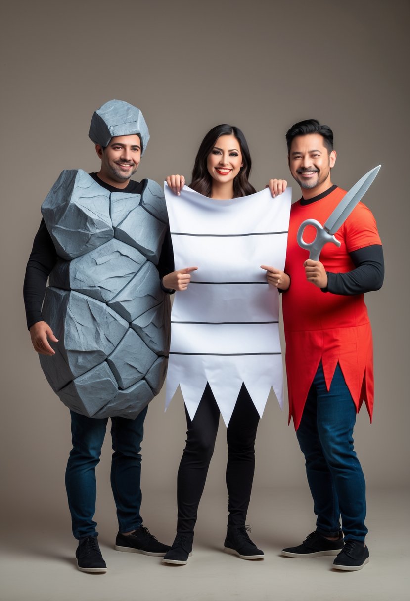 Three adults wearing Halloween costumes representing rock, paper, and scissors standing together and smiling.