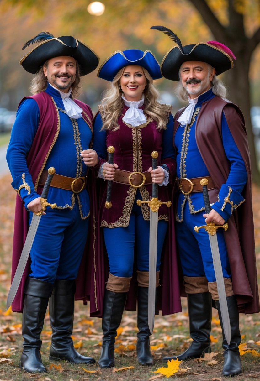 Three adults dressed as The Three Musketeers in Halloween costumes standing together outdoors with swords and hats.