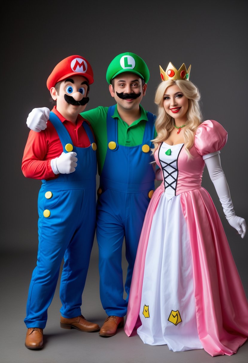 Three adults dressed as Mario, Luigi, and Princess Peach in Halloween costumes posing together and smiling.