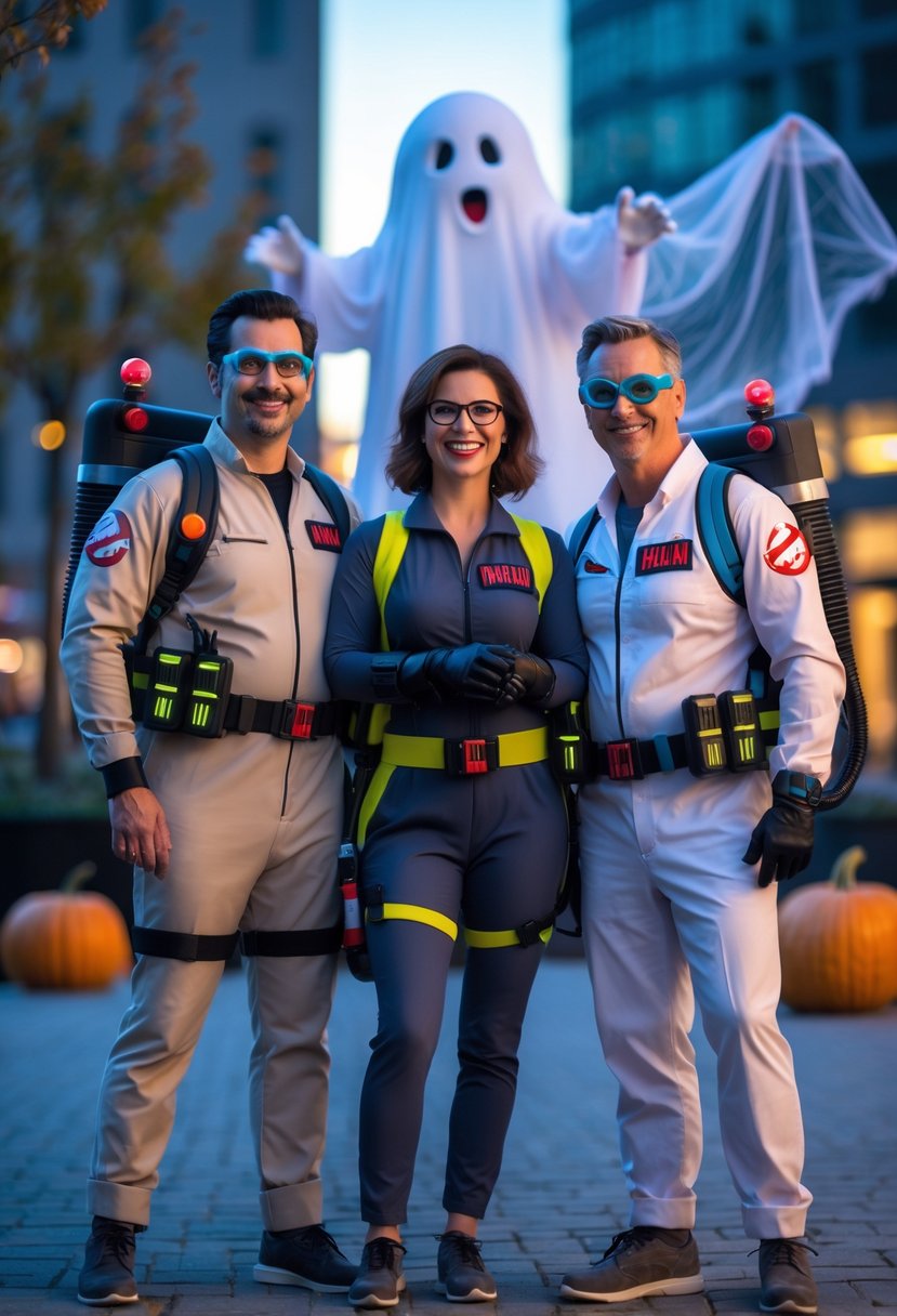 Three adults dressed in coordinated Ghostbusters-themed Halloween costumes standing outdoors with Halloween decorations in the background.