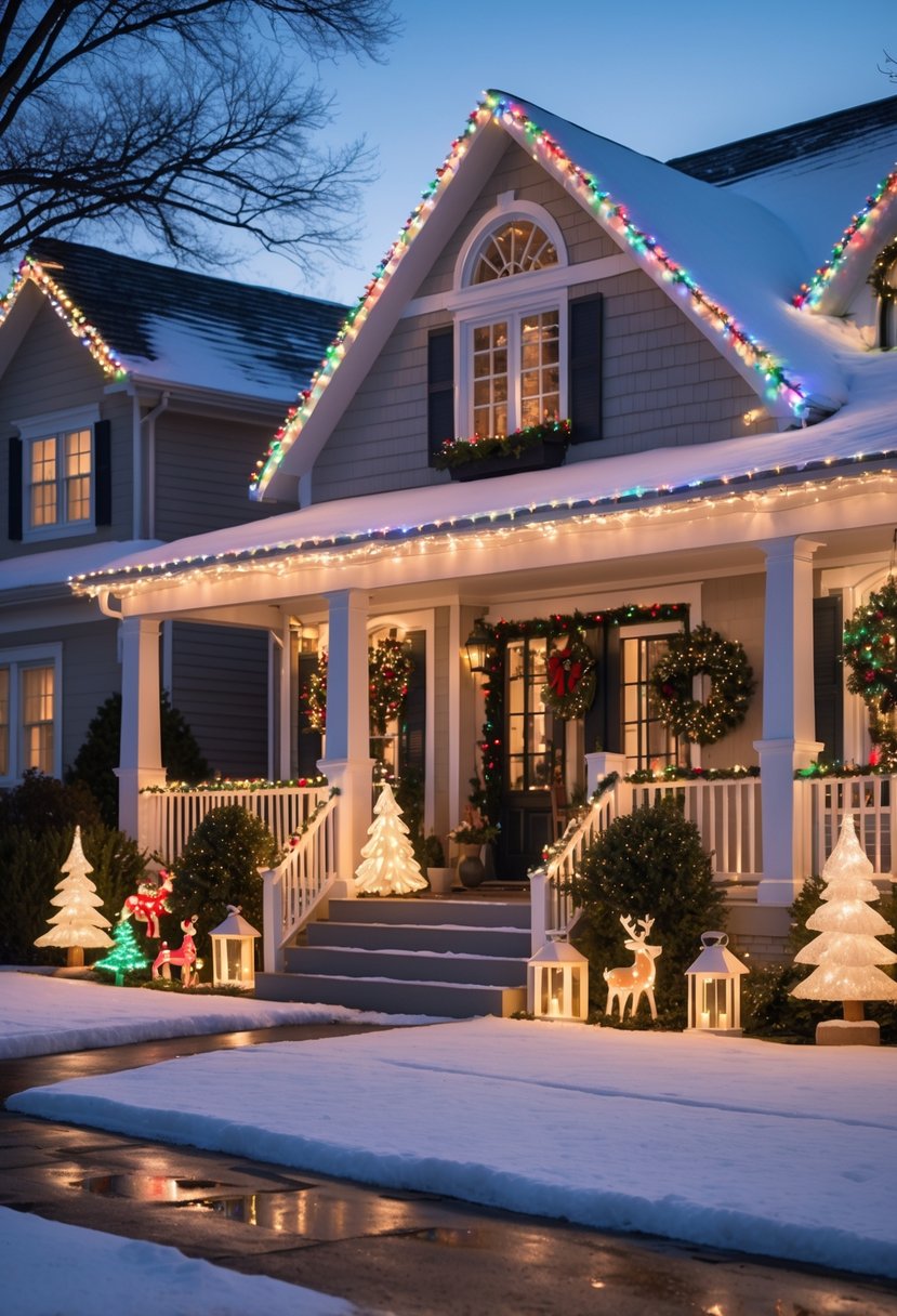 Christmas Lights Outside Ideas 2025: 22 Brilliant Ways To Brighten Your Home 2 A suburban house decorated with Christmas lights and festive outdoor decorations at night with snow on the ground.