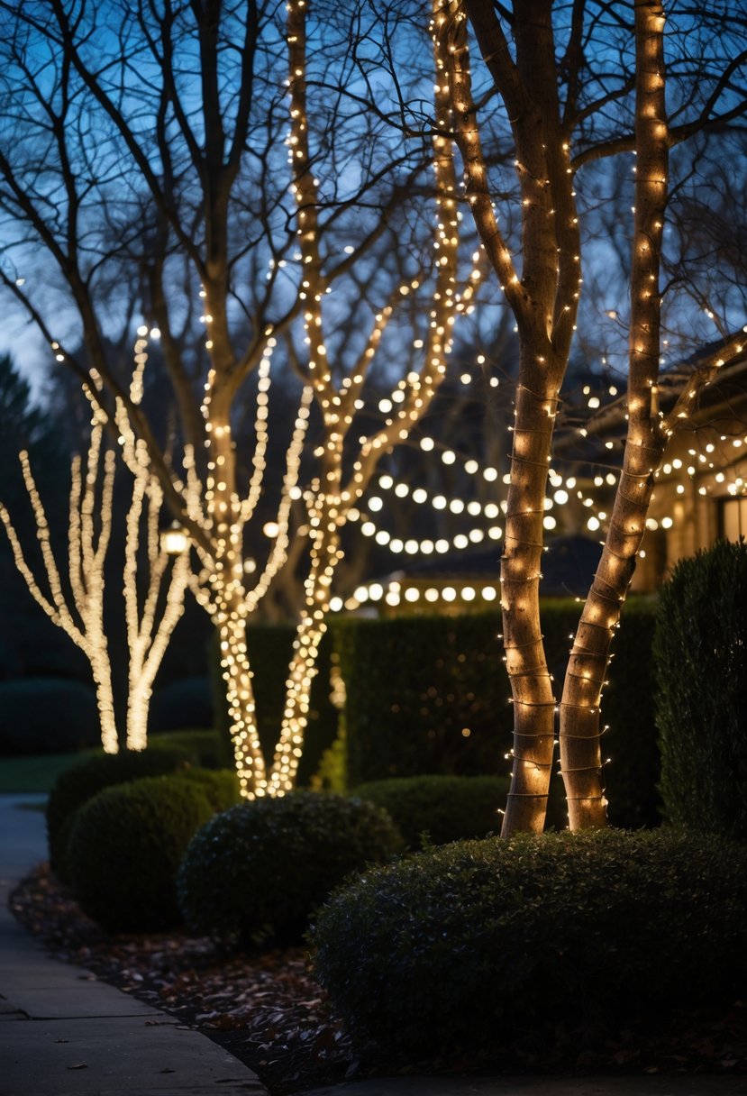 Christmas Lights Outside Ideas 2025: 22 Brilliant Ways To Brighten Your Home 3 Trees and shrubs outdoors wrapped in warm white string lights glowing at night.
