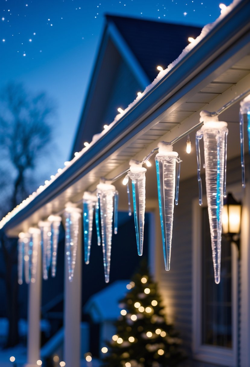 Christmas Lights Outside Ideas 2025: 22 Brilliant Ways To Brighten Your Home 4 Icicle Christmas lights hanging from the edges of a house roof with snow on the ground during a winter evening.
