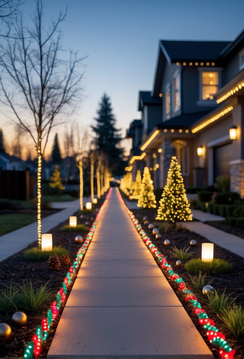 Christmas Lights Outside Ideas 2025: 22 Brilliant Ways To Brighten Your Home 6 An outdoor walkway outlined with colorful LED rope lights and holiday decorations beside a house at dusk.
