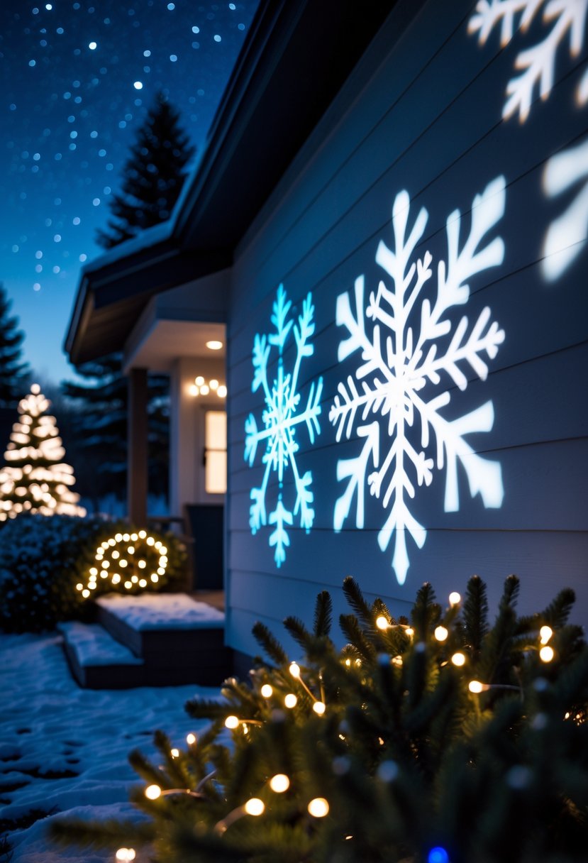 Christmas Lights Outside Ideas 2025: 22 Brilliant Ways To Brighten Your Home 7 Outdoor night scene showing snowflake patterns projected on a house wall with Christmas string lights illuminating the porch and nearby bushes.