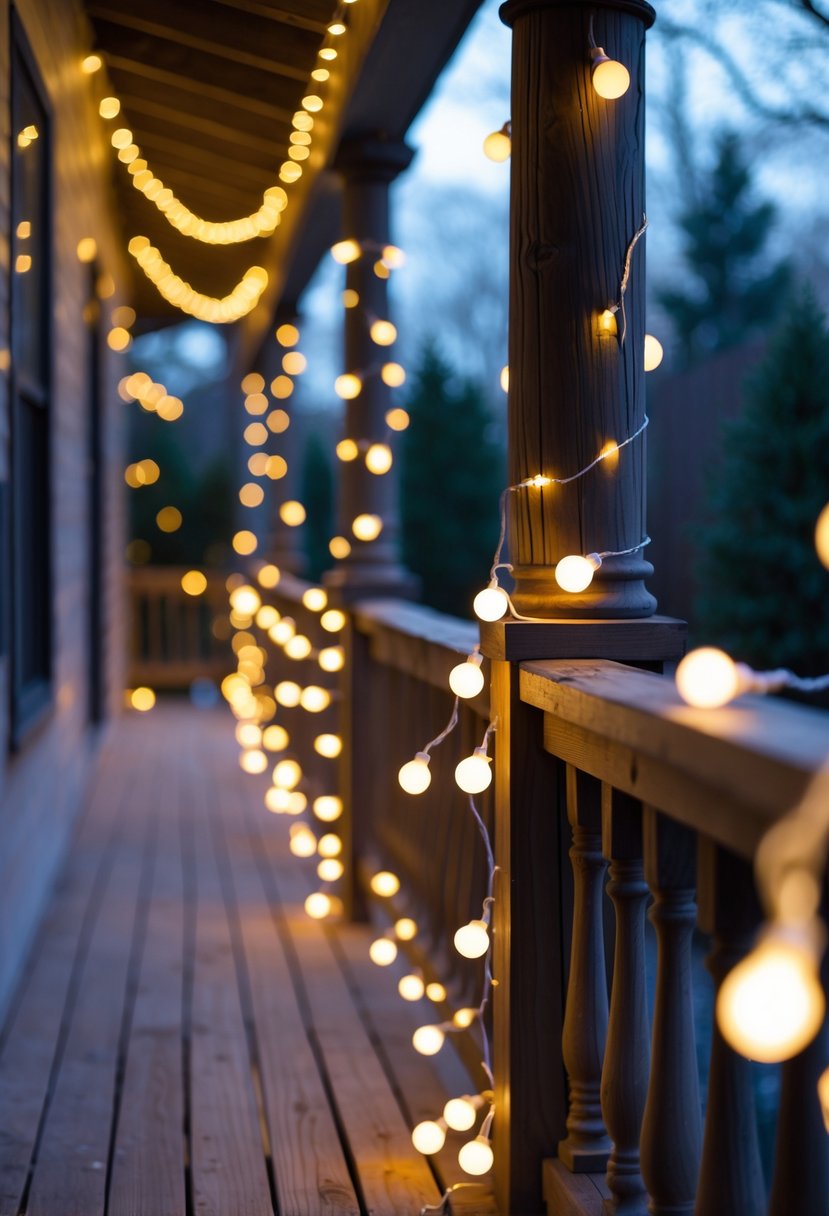Christmas Lights Outside Ideas 2025: 22 Brilliant Ways To Brighten Your Home 8 Warm white string lights hanging on wooden porch railings glowing softly in the evening outdoors.