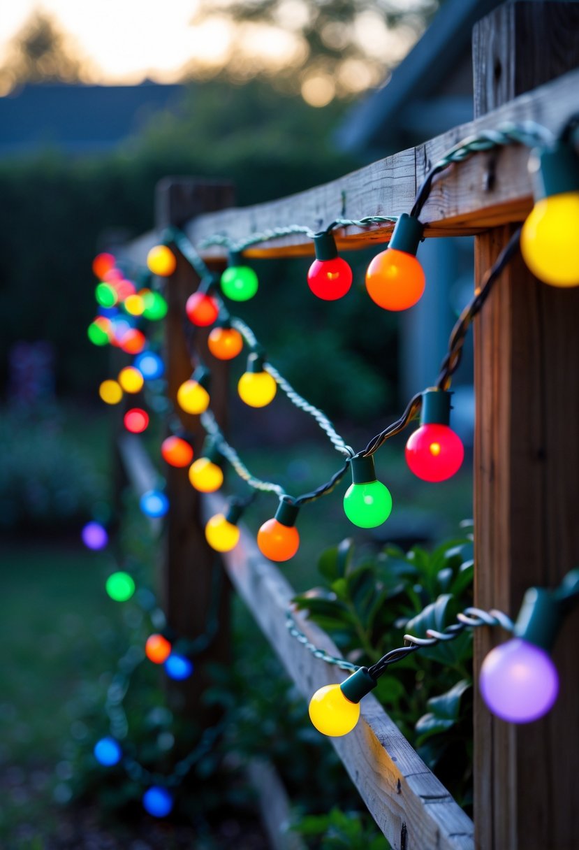 Christmas Lights Outside Ideas 2025: 22 Brilliant Ways To Brighten Your Home 9 Colorful rainbow string lights hanging on a wooden fence outside during early evening.