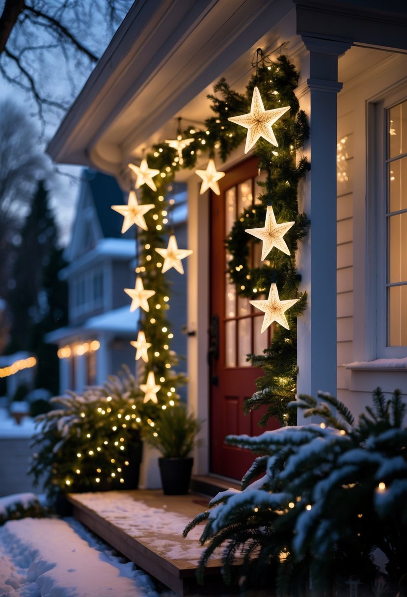 Christmas Lights Outside Ideas 2025: 22 Brilliant Ways To Brighten Your Home 10 Front door decorated with glowing star-shaped Christmas lights and pine garlands during a snowy winter evening.