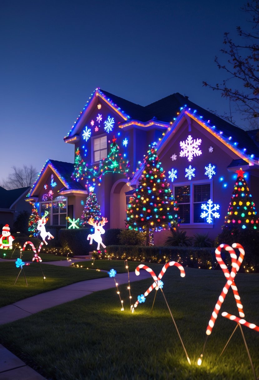 Christmas Lights Outside Ideas 2025: 22 Brilliant Ways To Brighten Your Home 12 A suburban house decorated with colorful animated Christmas lights and moving holiday light sculptures in the front yard at dusk.