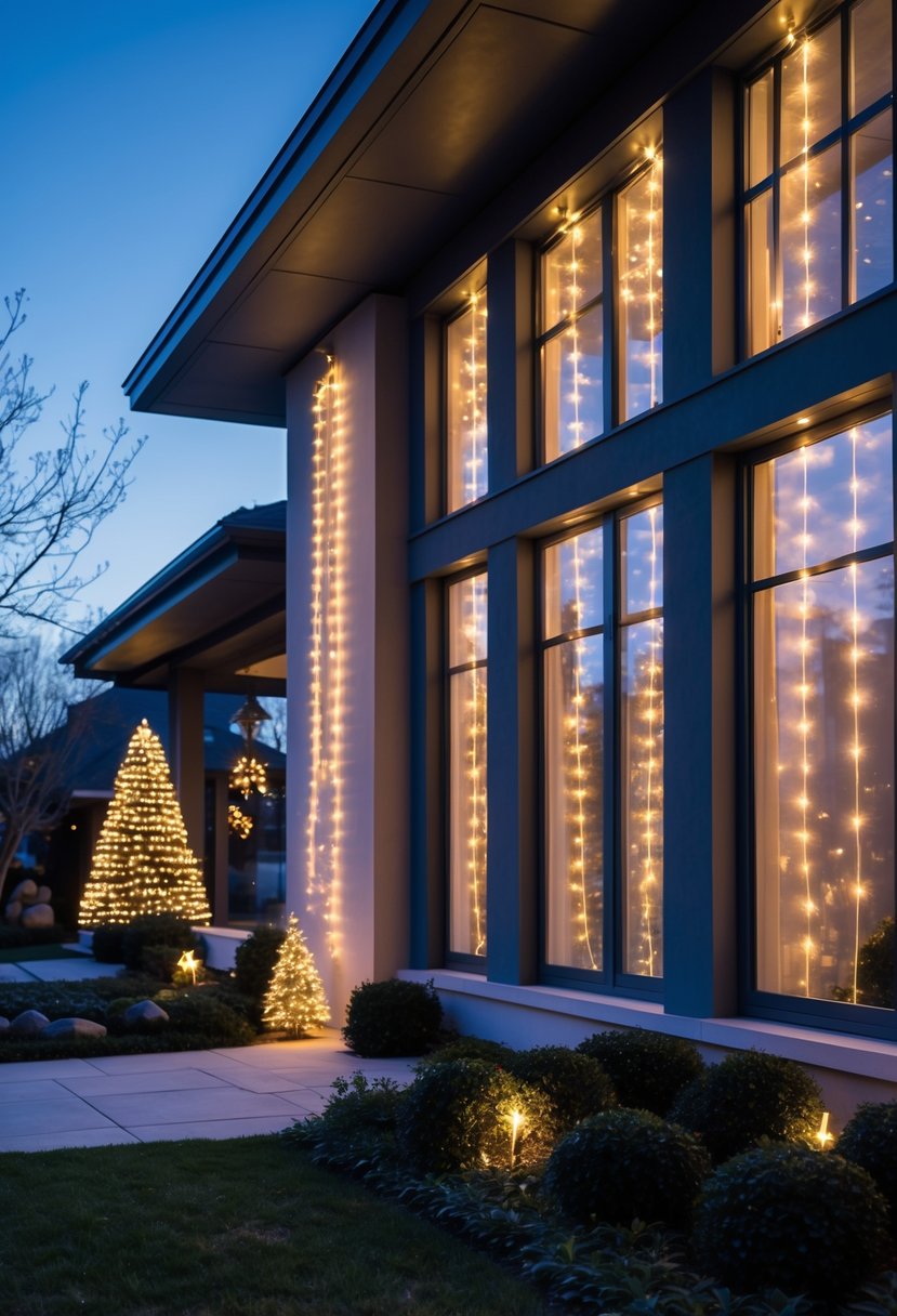 Christmas Lights Outside Ideas 2025: 22 Brilliant Ways To Brighten Your Home 13 A house exterior at dusk with LED curtain lights hanging on windows and subtle Christmas decorations in the garden.