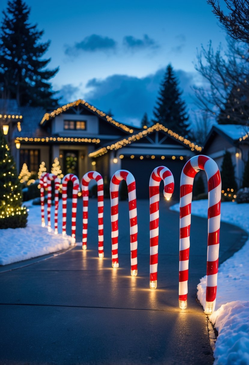 Christmas Lights Outside Ideas 2025: 22 Brilliant Ways To Brighten Your Home 14 Driveway lined with large candy cane stakes wrapped in red and white stripes and decorated with glowing Christmas lights, leading to a house with holiday decorations and light snow on the ground.