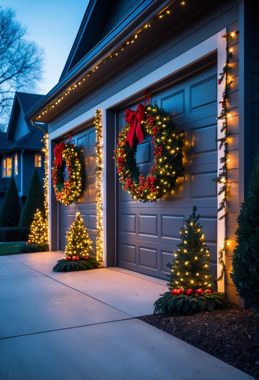 Christmas Lights Outside Ideas 2025: 22 Brilliant Ways To Brighten Your Home 15 Garage doors decorated with lighted Christmas wreaths and colorful Christmas lights outdoors at twilight.