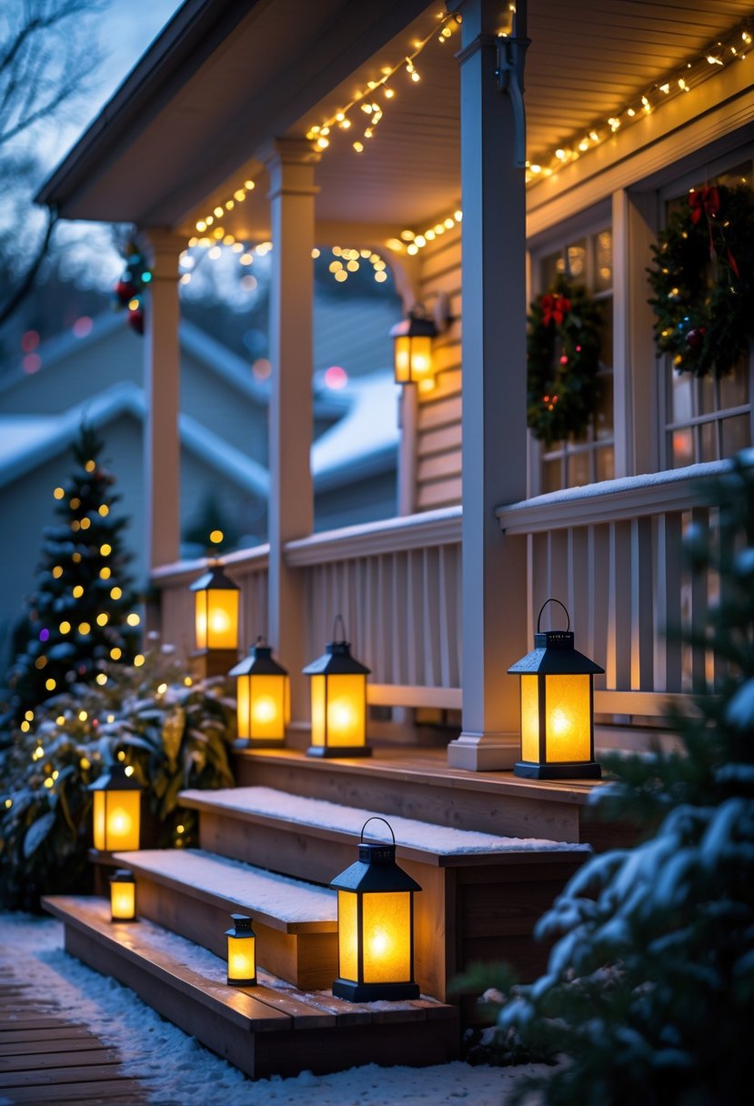 Christmas Lights Outside Ideas 2025: 22 Brilliant Ways To Brighten Your Home 16 A porch decorated with glowing battery-operated lanterns and colorful Christmas lights at dusk with light snow on the ground.