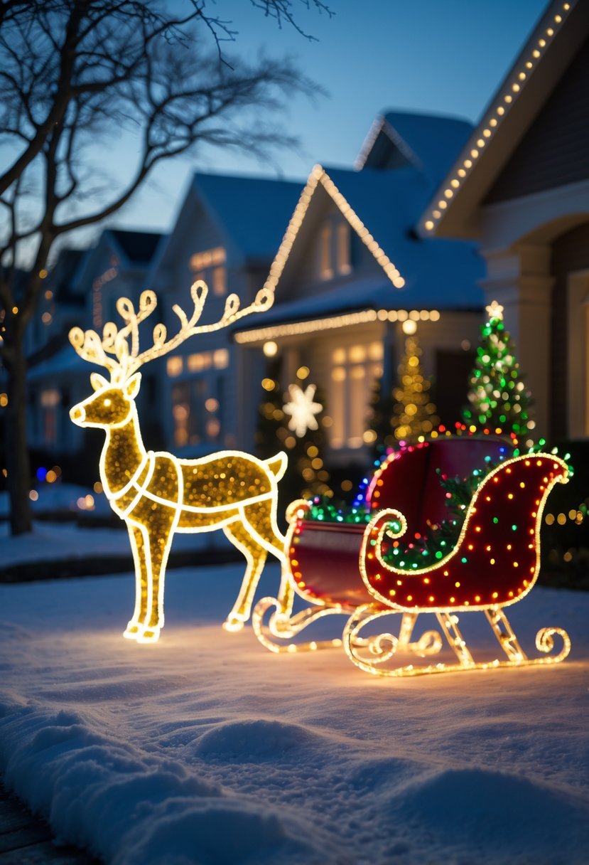 Christmas Lights Outside Ideas 2025: 22 Brilliant Ways To Brighten Your Home 17 Glowing reindeer and sleigh Christmas light decorations in a snowy front yard at twilight.