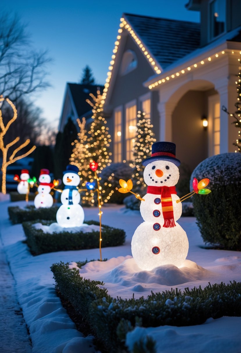 Christmas Lights Outside Ideas 2025: 22 Brilliant Ways To Brighten Your Home 18 Outdoor winter garden decorated with glowing snowman-shaped light stakes and Christmas lights along a snowy pathway near a house.