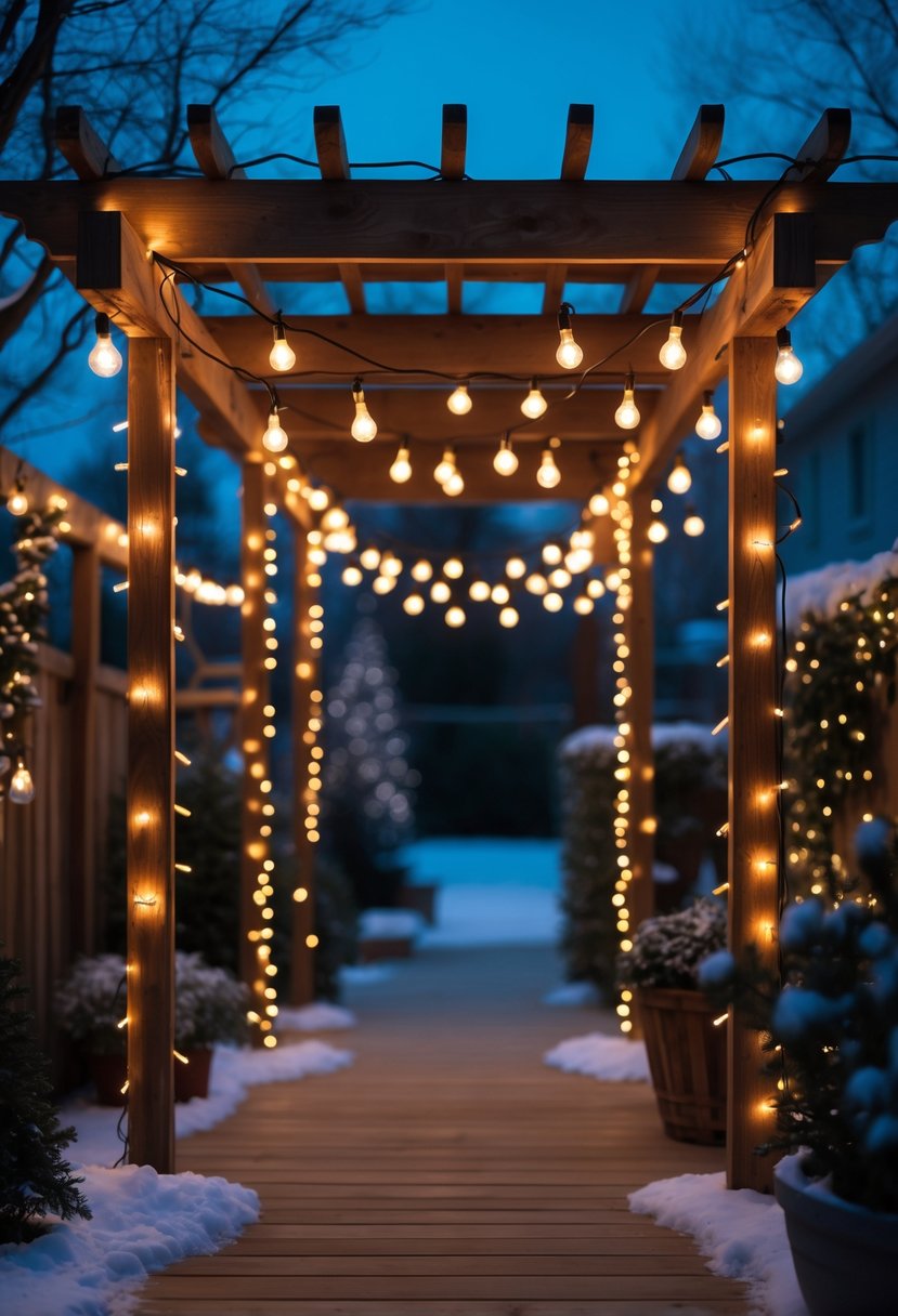 Christmas Lights Outside Ideas 2025: 22 Brilliant Ways To Brighten Your Home 20 Outdoor wooden pergola decorated with glowing vintage bulb string lights during a winter evening with subtle holiday decorations.