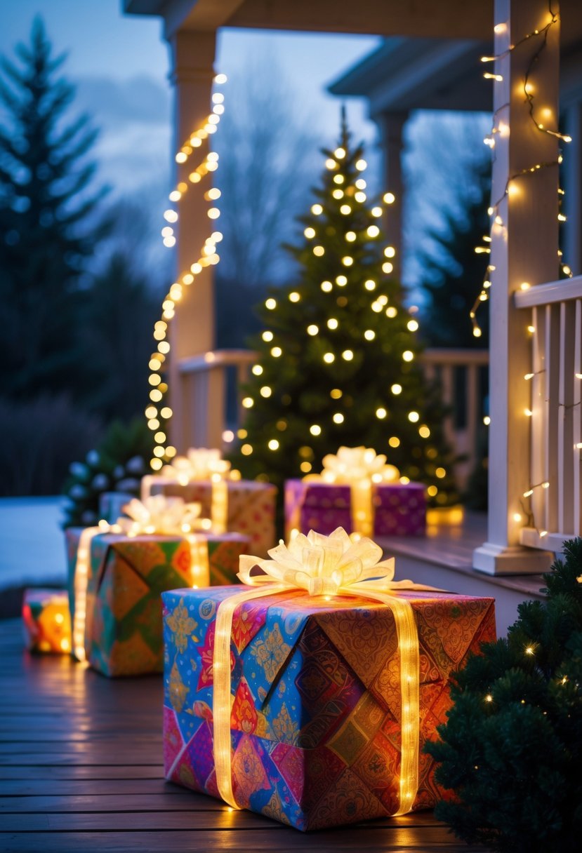 Christmas Lights Outside Ideas 2025: 22 Brilliant Ways To Brighten Your Home 21 Outdoor scene with glowing Christmas gift boxes decorated with lights surrounded by festive holiday decorations and greenery.