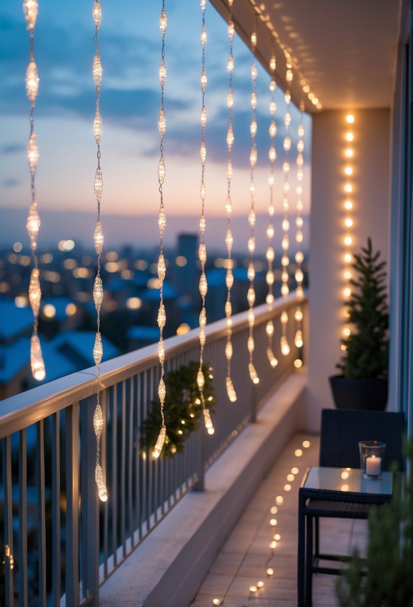Christmas Lights Outside Ideas 2025: 22 Brilliant Ways To Brighten Your Home 22 Balcony decorated with hanging icicle LED curtain lights glowing warmly during evening, overlooking a blurred city background with outdoor furniture and plants.