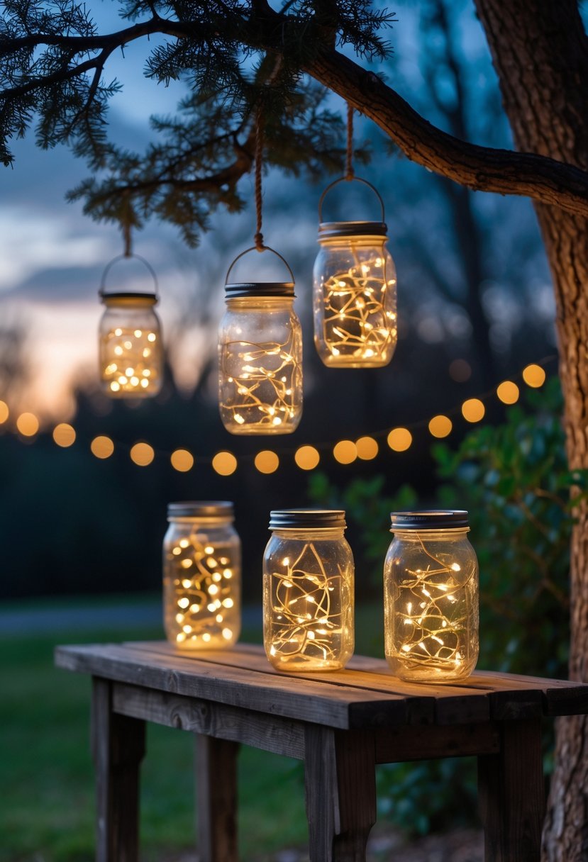 Christmas Lights Outside Ideas 2025: 22 Brilliant Ways To Brighten Your Home 23 Mason jars with glowing LED lights hanging outdoors on tree branches and sitting on a wooden table during twilight.