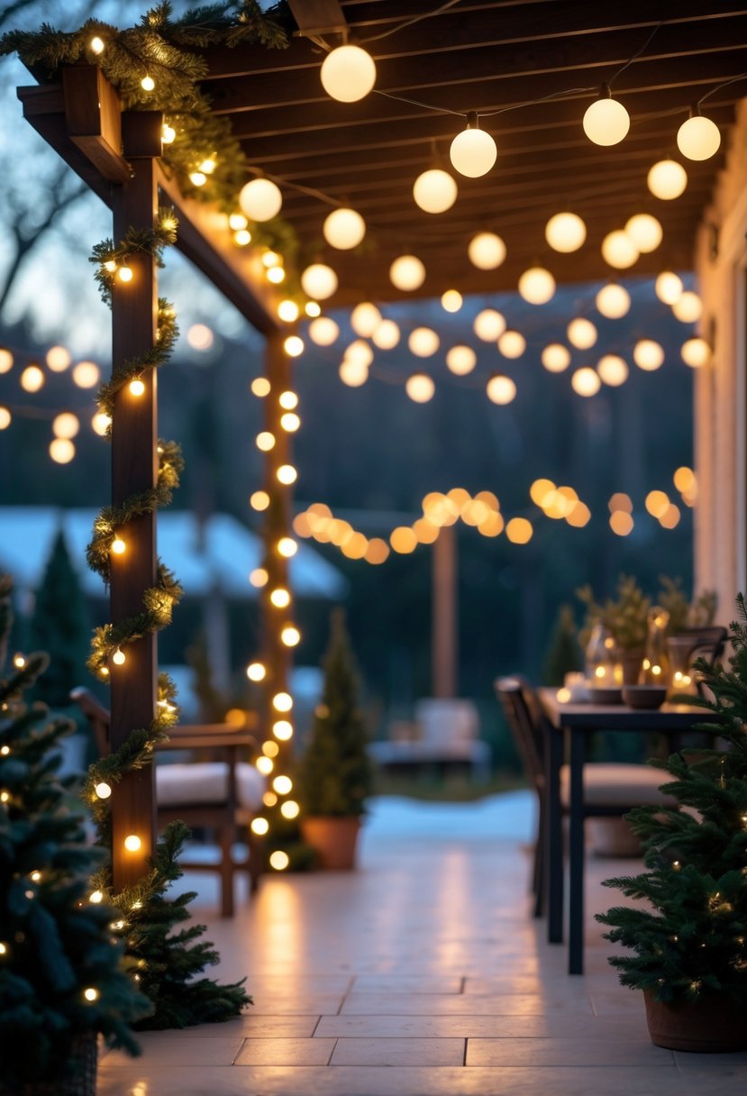 Christmas Lights Outside Ideas 2025: 22 Brilliant Ways To Brighten Your Home 24 Outdoor patio at dusk with warm hanging globe string lights and subtle Christmas decorations.