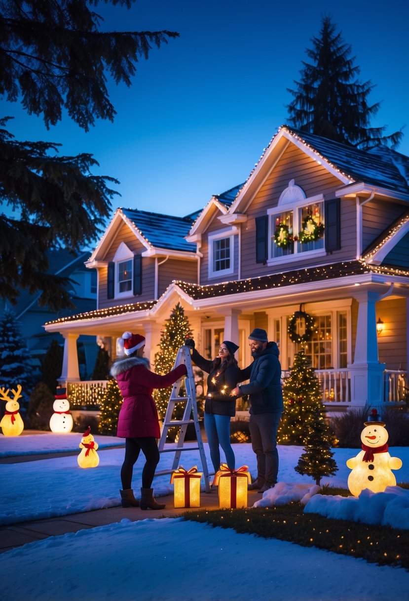Christmas Lights Outside Ideas 2025: 22 Brilliant Ways To Brighten Your Home 25 A family decorating the outside of their house with colorful Christmas lights and festive decorations in the early evening.