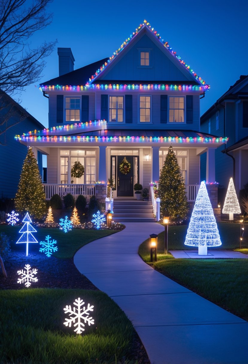 Christmas Lights Outside Ideas 2025: 22 Brilliant Ways To Brighten Your Home 26 A suburban house at dusk decorated with colorful Christmas lights, illuminated pathway markers, and glowing light sculptures in the front yard.