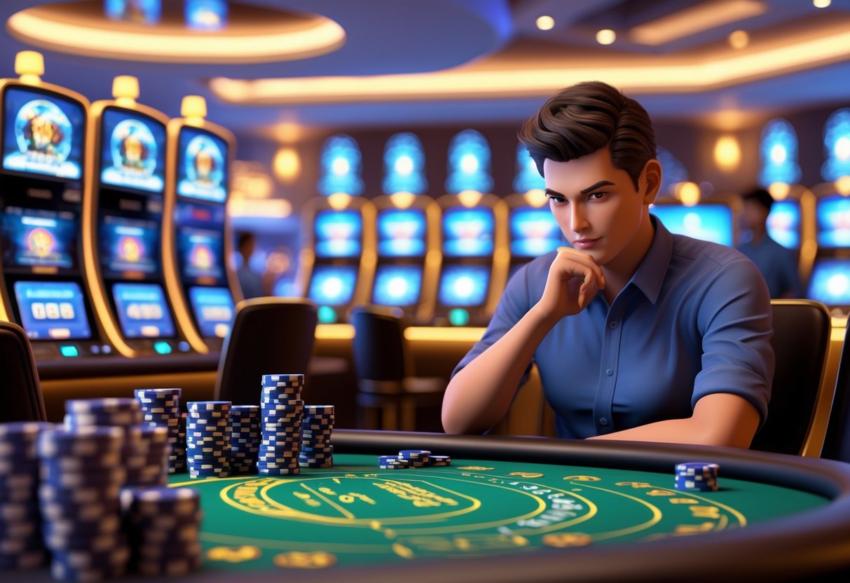 Seorang pemain duduk di meja kasino dengan mesin slot digital dan tumpukan chip, suasana kasino yang aman dan nyaman.