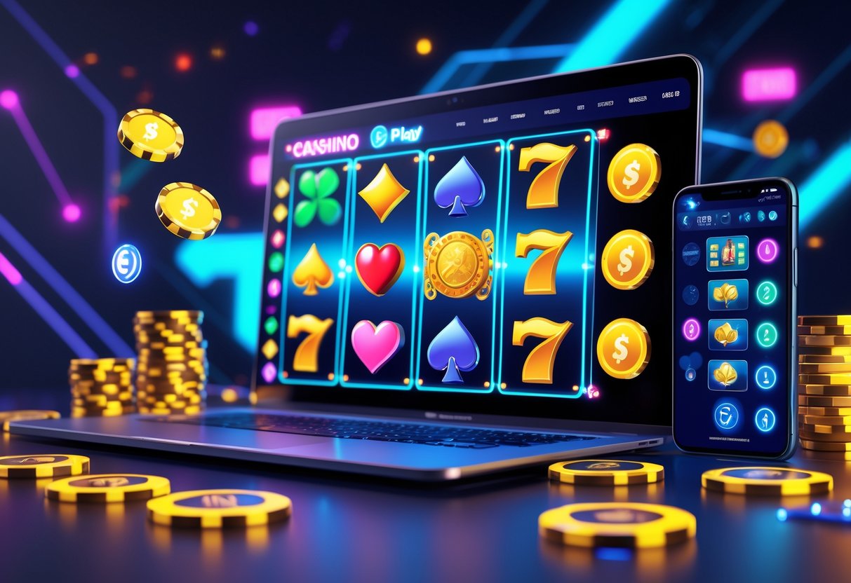 Tampilan antarmuka permainan kasino online dengan mesin slot, laptop, dan ponsel, dikelilingi oleh chip kasino dan kartu poker.