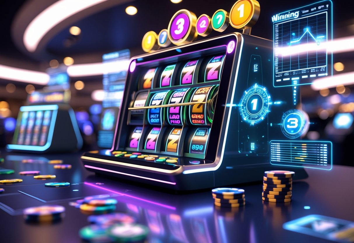 Pemandangan 3D dari mesin slot digital di kasino dengan grafik pola kemenangan dan elemen keamanan di sekitarnya.