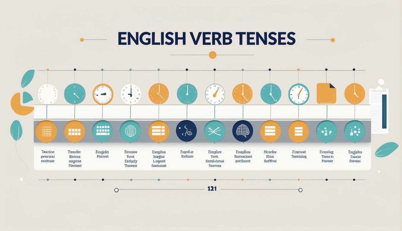 Ilustracija koja prikazuje različita glagolska vremena u engleskom jeziku kroz simbole i dijagrame koji prikazuju njihov redoslijed i povezanost.