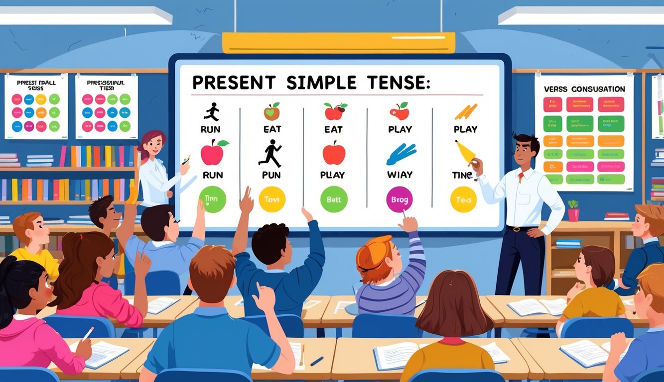 Učionica s nastavnikom i učenicima koji uče o jednostavnom sadašnjem vremenu engleskog jezika, s prikazom glagola i ilustracijama vezanim uz njih.