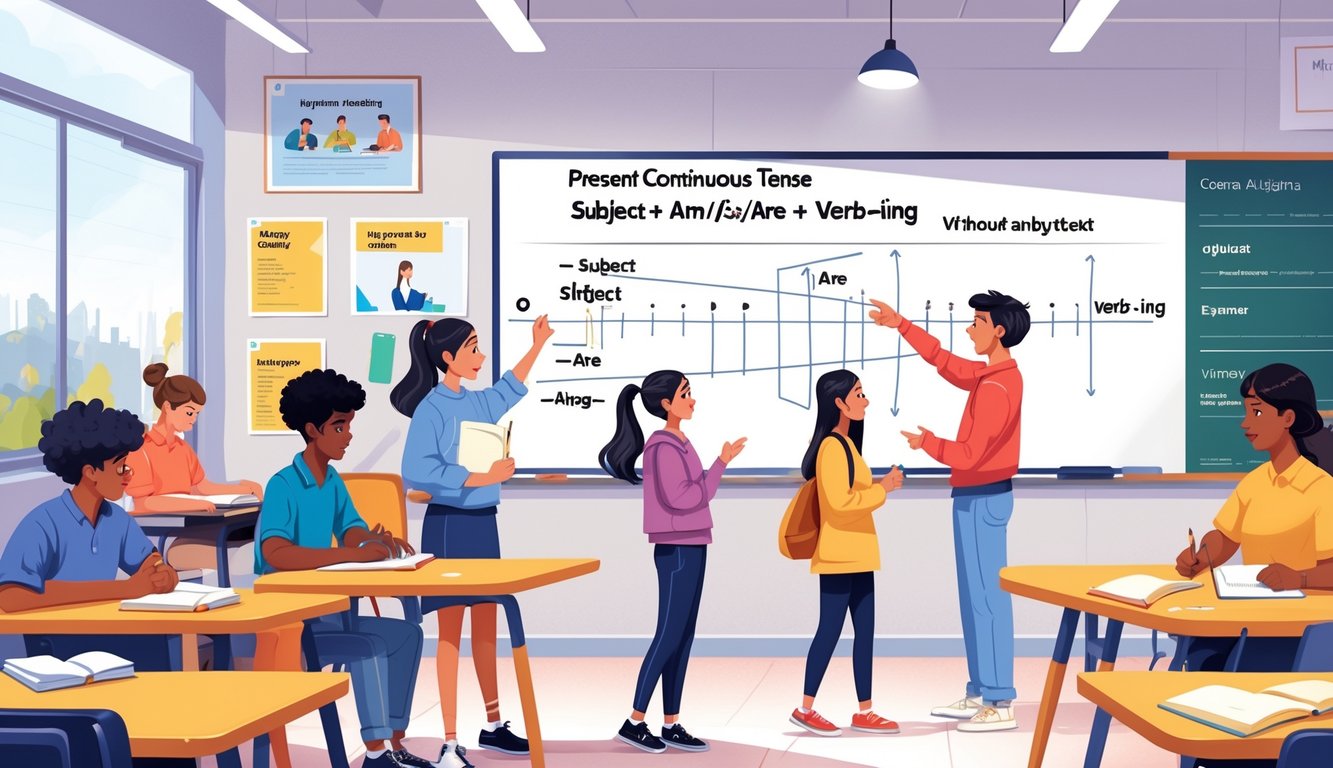 Učionica s djecom koja rade različite aktivnosti dok učitelj pokazuje na ploču s dijagramom vremena Present Continuous.