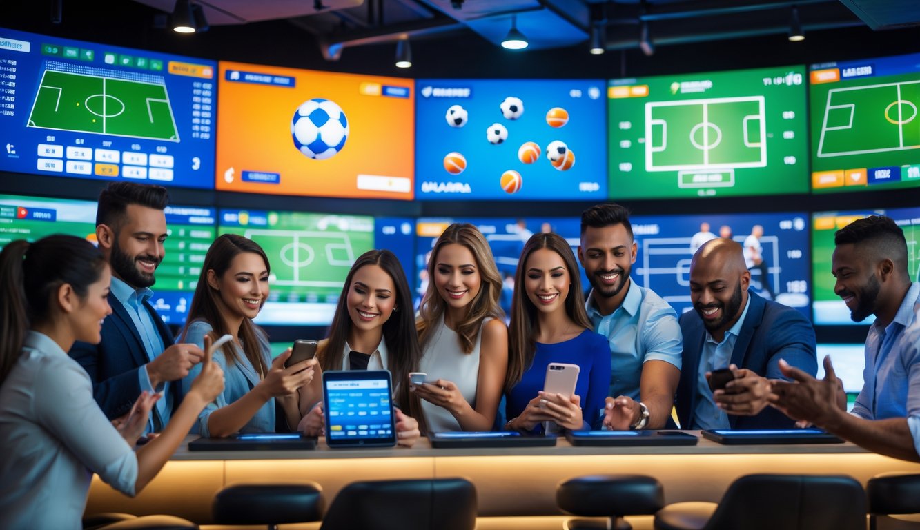 Sekelompok orang yang antusias menggunakan perangkat elektronik untuk bertaruh pada pertandingan olahraga di sebuah ruang taruhan modern.