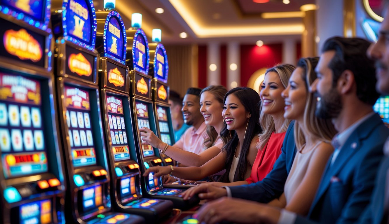 Orang-orang bermain mesin slot di kasino dengan suasana mewah dan pencahayaan hangat.