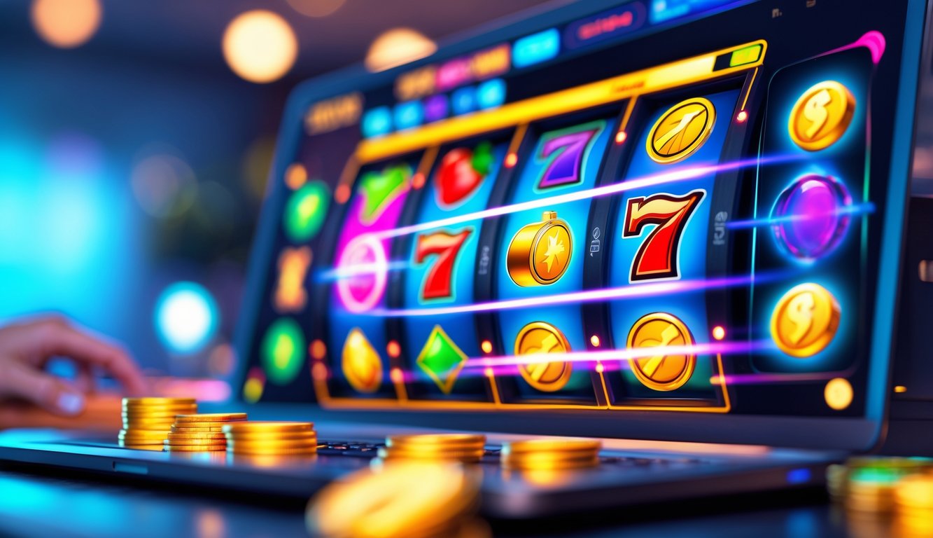 Layar perangkat menampilkan gulungan mesin slot berwarna-warni yang sedang berputar dengan latar belakang ruangan bermain yang nyaman.