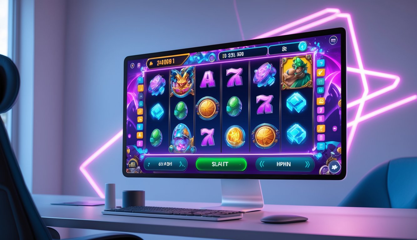 Layar komputer menampilkan permainan slot online dengan tema unik dan kreatif, di atas meja kerja minimalis yang rapi.