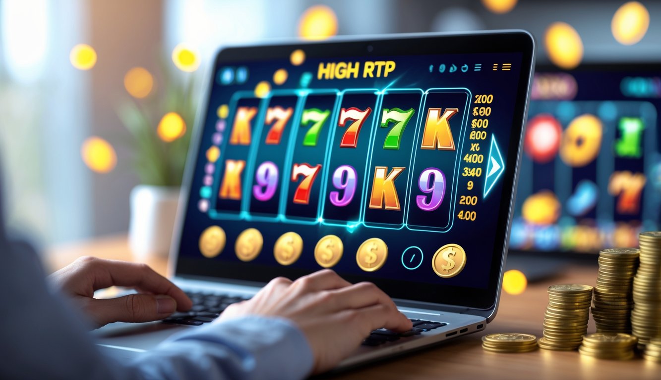 Layar komputer menampilkan permainan slot online dengan simbol warna-warni dan koin digital di sekitarnya.