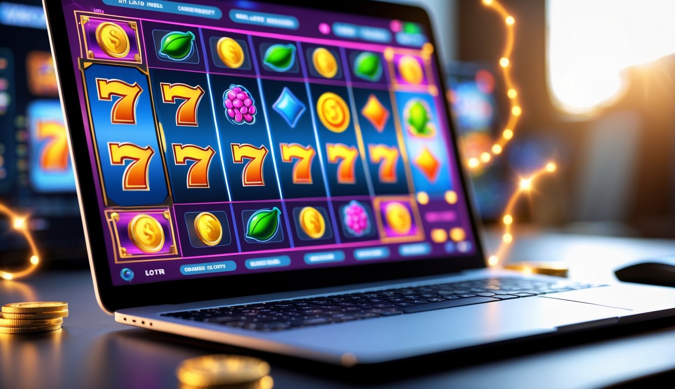 Layar komputer menampilkan permainan mesin slot online dengan simbol warna-warni dan efek cahaya yang menunjukkan fitur bonus.