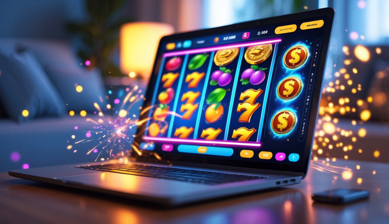 Seseorang bermain mesin slot online modern di laptop dengan latar belakang ruangan yang nyaman.