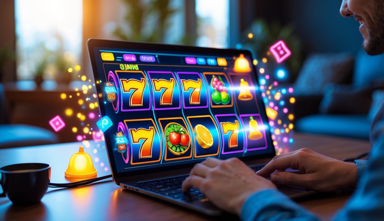 Seorang pemain menggunakan komputer untuk bermain mesin slot online dengan layar menampilkan gulungan warna-warni yang berputar.