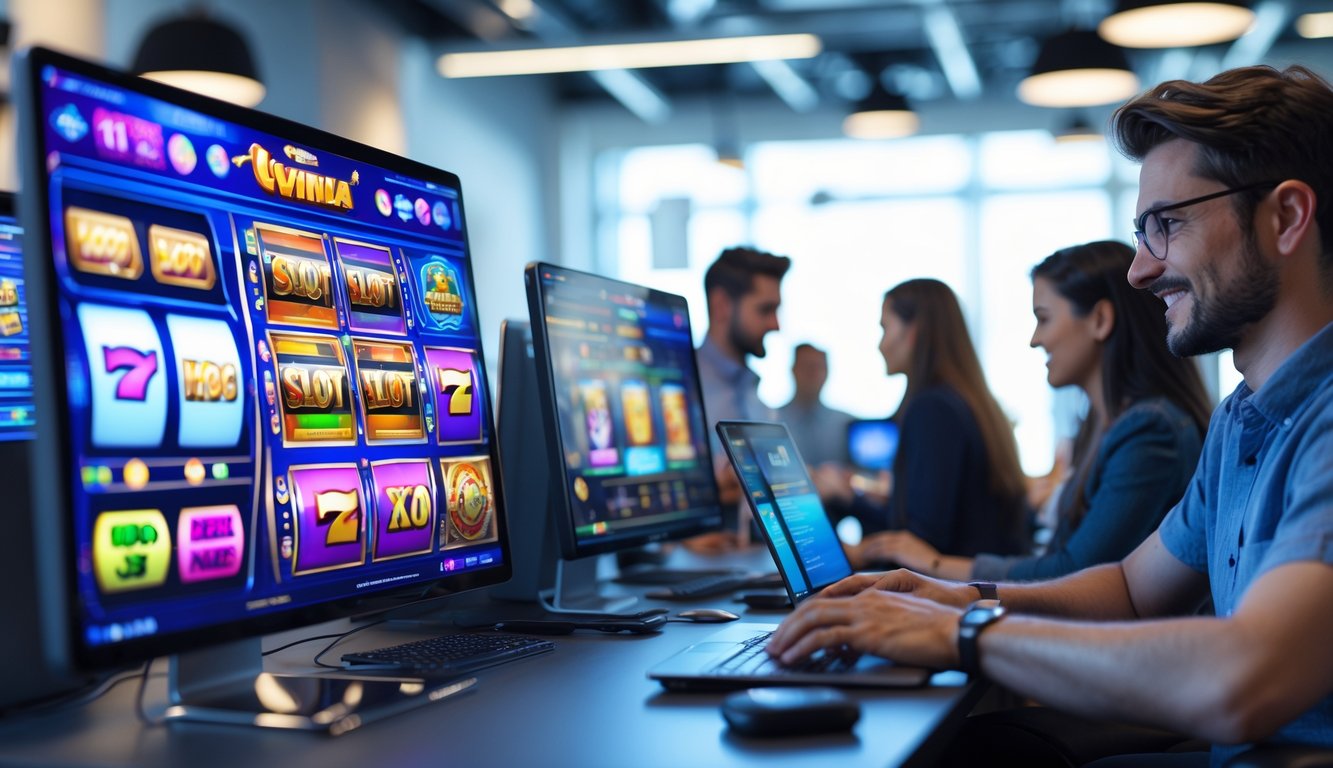 Orang-orang menggunakan perangkat digital untuk bermain permainan slot online di ruang kantor modern yang terang dan nyaman.