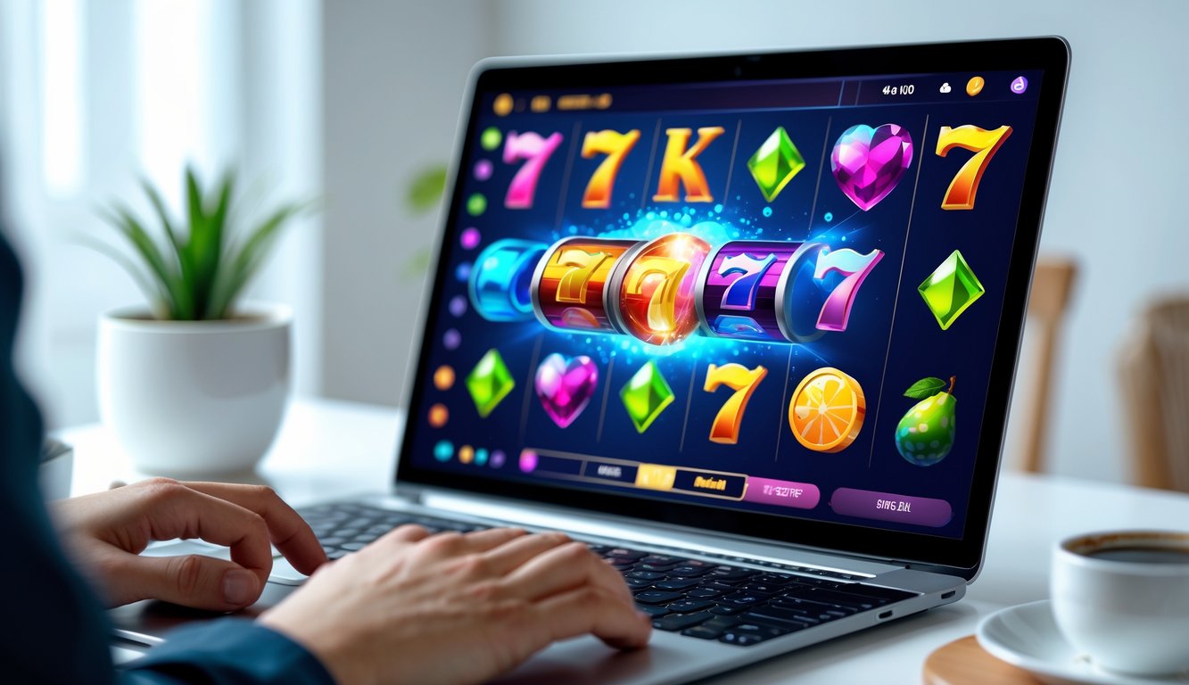 Seseorang menggunakan laptop dengan tampilan permainan slot online yang interaktif dan berwarna-warni di layar.